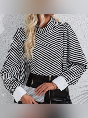 Temu Striped Black & White Puff Balloon Sleeve Blouse, Cuffs, Size XL